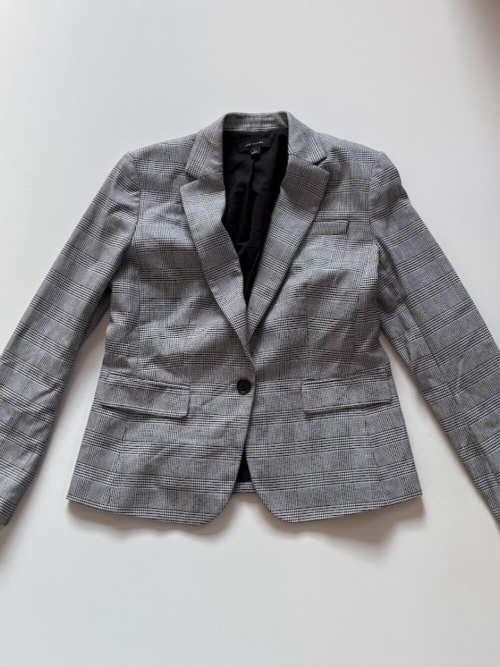 Ann Taylor Jacket Blazer Grey Plaid Houndstooth Stretch Black White Classic Trad